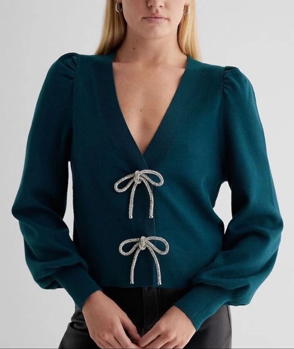 NWT EXPRESS V-Neck Embellished Bow Cardigan Size L Greeb